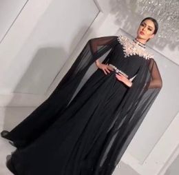 2020 Luxury Black Evening Dresses Chiffon With Long Capped High Neck Rhinestone Floor Length Plus Size Formal Prom Party Celebrity Dresses