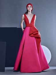 Red Prom Dresses V Neck Ruffles Peplum A Line Long Arabic Evening Formal Dresses Floor Length Party Dress