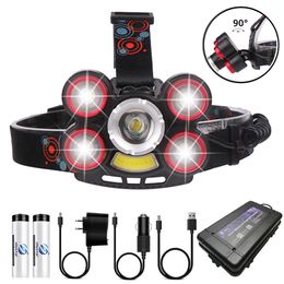 LED Headlamp Zoomable Headlight 1T6+4XPE+COB led lamp bead outdoor lighting 5 switch modes Use 2x18650 battery