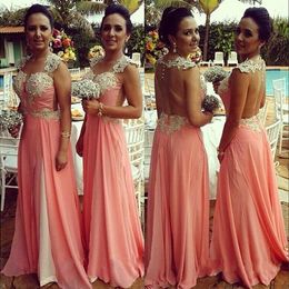 Coral Bridesmaid Dresses Cheap 2019 Pearls Applique Tiered Skirt Maid Of Honour Dress Formal Party African Wedding Guest Dress Chiffon Long