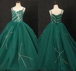 Bling Emerald Green Girls Pageant Dresses 2019 Crystal Beaded Sequins Spaghetti Open Back Ball Gown Party Dress Teens Special Occasion Dress