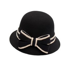 Women Imitation Wool Felt Bucket Hat With Brim Female Bow Fishing Hats Floppy Warmer Solid Caps201c