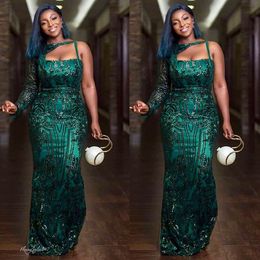 2020 Arabic Aso Ebi Sparkly Hunter Green Evening Dresses Sheath Lace Prom Dresses Sheath Formal Party Second Reception Gowns ZJ453