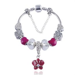 Wholesale-Fashion 925 Silver Murano Glass Flower European Charms Beads Safety Chain Bracelet Fits Pandora Charm Bracelets