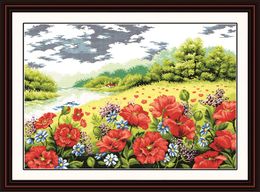 Poppy garden flowers home decor painting ,Handmade Cross Stitch Embroidery Needlework sets counted print on canvas DMC 14CT /11CT