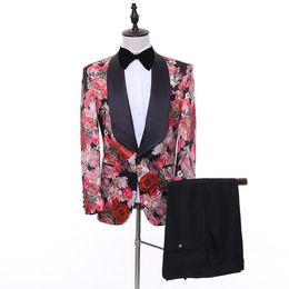 Real Image Wedding Tuxedos Shawl Lapel Printed Rose Flower Groom Men Suits Wedding Prom Dinner Best Man Blazer(Jacket+Bow+Pants) Tailor Made