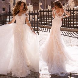 lace top mermaid wedding dress NZ - Long Sleeves Lace Mermaid Wedding Dresses 2020 Sheer Mesh Top Applique Sweep Train Wedding Bridal Gowns With Detachable Skirt
