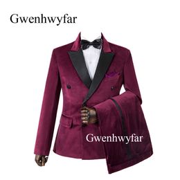 Gwenhwyfar Handsome 6 Buttons Burgundy Velvet Groom Tuxedos Satin Lapel Groomsmen Best Man Wedding Prom Dinner Suits 2 Pieces