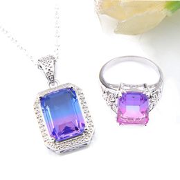 Unique 2Pcs/Lot LuckyShine 925 Sterling Silver Ncecklace Rings Pendants Sets Rectangle Bi Coloured Tourmaline Honey Woman's Jewerly Sets