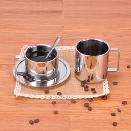 Coffee Cup With Dish Household Cafe Stainless Steel Cup Suit Double Wall Mug Saucer Spoon Sets ZC0376