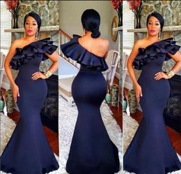 Navy Blue Mermaid African Nigeria Bridesmaids Gowns One Shoulder Ruffles Formal Prom Dresses Sweep Train Sexy Sheath Evening Dresses