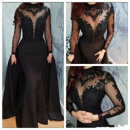 Black Prom Dresses Mermaid Arabic Illusion High Neck Sheer Long Sleeves Lace Beads With Detachable Dubai Cheap Party Evening Gowns