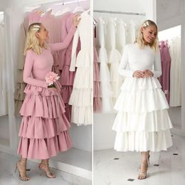 Saudi Arabic Girls Muslim Elegant Formal Evening Dresses With Ruffles Three Layers Cupcake Long Sleeve High Collar Prom Party Cocktail Dress