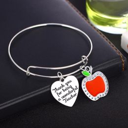 Fashion-12PC a Lot Apple Heart Charms Teachers Bracelets Jewelry Thank You For Being A Wonderful Teacher Bangle Gifts For Teacher's Day