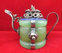 Chinese old Tibetan silver Dragon Lion Green jade Cloisonne teapot Monkey Lid