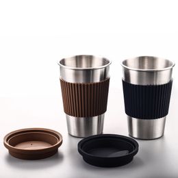 Stainless Steel Coffee Mugs Portable Drinking Cups With Silicone Lids Travel Water Coke Cup Wine Tumbler Straight Cup Water Bottle GGA2691