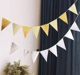 Gold Silvery Metallic Paper Pennant Flag Banner Bunting Garlands for Wedding Birthday Holiday Bridal Shower Party Decorations