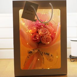 Creative Christmas Valentine's Day Gift Soap Flower Rose Bouquet Waterproof Paper with Led Tote Bag Festival Gift Roses Artificial Flowers