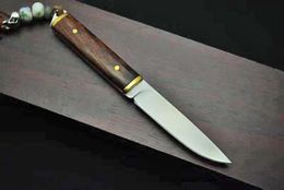 Top Quality Small Survival Straight Hunting Knife 440C Satin Blade Full Tang Rosewood Handle Fixed Blade Knives With Leather Sheath