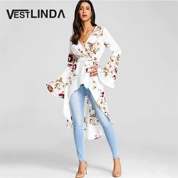 Vestlinda Women Bell Sleeve Floral High Low Fishtail Top Blouse Fashion Casual Plunging Neck Long Sleeves Long Blouses Blusas Y190427