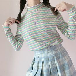 Wholesale-2 Color New Kawaii Lolita Sweaters Vitality Girl Rainbow Sweater Turtleneck Cute Heart Embroidery Women Sweater Knit Tops