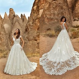 Elegant Boho A-line Eddy K Wedding Dresses V-neck Sleeveless Full Appliqued Lace Bridal Dress Sweep Train Hot Sale Bridal Gown Cheap