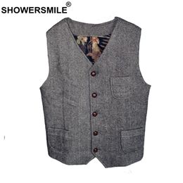 SHOWERSMILE Tweed Waistcoat Men Grey Herringbone Vests Male Vintage Slim Fit Gilet Pockets Autumn Winter Retro Sleeveless Jacket