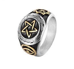 Fashion Retro Punk Gothic Satan Five Star Masonic Evil Eye Men's Religious Titanium Stainless Steel Star Of David Silver Black Oil Ring