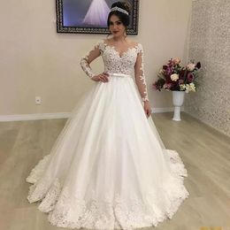 New Modern Long Sleeves A Line Wedding Dresses Jewel Neck Illusion Bow Lace Appliques Beads Sweep Train Arabia Vestido Custom Bridal Gowns