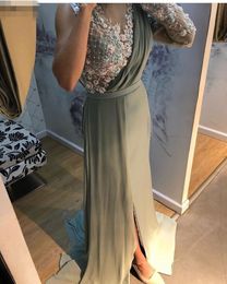 Mint Long Sleeve Evening Dresses Sheath Flowers sheer crew Lace Dubai Saudi Arabic Evening Gowns 2020 Sexy Side Slit Prom Dresses vestidos