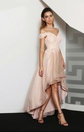 Blush Pink 2019 Off the Shoulder Prom Dresses sweetheart High Low Lace Applique Party Arabic Dress Kaftan Dubai Organza Formal Evening Gowns