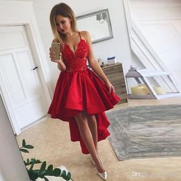 A Line New Sexy Red Dresses Spaghetti Straps High Low Formal Prom Lace Appliques Party Gowns Custom Made Vestidos De Noiva