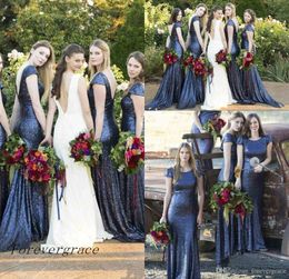 2019 Navy Blue Long Backless Bridesmaid Dress Mermaid Crew Neck Summer Garden Wedding Party Guest Maid of Honour Gown Plus Size Custom Made