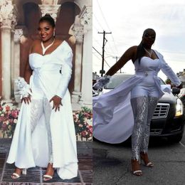 2020 New White Jumpsuits Plus Size Prom Dresses with One Shoulder Satin Detachable Train Evening Celebrity Gowns Lace Sequined