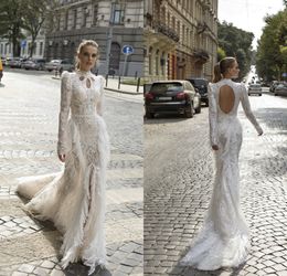 2019 Lace Mermaid Wedding Dresses High Neck Hollow Back Appliqued Sweep Train Modest Wedding Dress Custom Made Boho Long Bridal Gowns