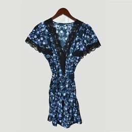 2019 Summer Fall Floral Print Short Sleeves V Neck Lace Panelled Mini Jumpsuits Women Fashion Rompers JL0514M613153