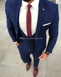 Fashionable Classic slim Groomsmen Navy Blue Groom Tuxedos Men Suits Wedding/Prom/Dinner Best Man Blazer(Jacket+Pants+Tie+Vest) AA273