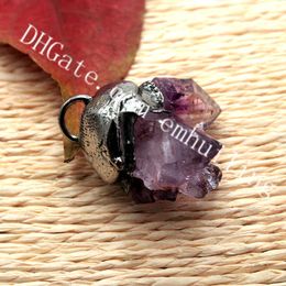 10Pcs Small Irregular Raw Amethyst Crystal Cluster Pendant Semi Precious Gemstone Natural Amethyst Druzy Agate Geode with Antique Silver Cap