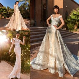 2019 New Gorgeous Mermaid Wedding Dresses with Detachable Train Light Champagne Full Lace Off The Shoulder Bridal Gowns Garden Country Plus