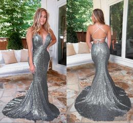 Grey Sequined Mermaid Dresses Evening Wear 2020 Spaghetti Lace-up Red Celebrity Evening Gowns Prom Special Occasion Dress