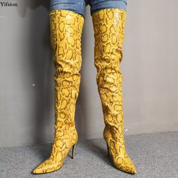 Rontic New Women Over The Knee Snake Pattern Boots Thin High Heels Boots Sexy Pointed Toe Yellow Party Shoes Women US Size 5-15