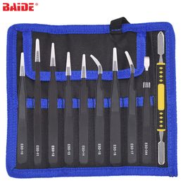 Black ESD Antistatic Stainless with Canvas Bag 9 in 1 Tweezers Kit / 10 in 1 Tweezers Set for Smartphone Toy Electrical Repair Hand Tools