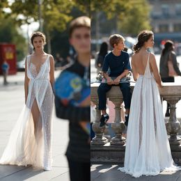2020 Illusion Bodice Wedding Dresses Spaghetti Backless Beads Tulle A Line Bridal Gowns Sweep Train Wedding Dresses