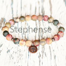 MG0635 2019 New Design Men`s Yoga Bracelet Matte Picasso Jasper Bracelet Hot Sale Ohm Charm Heart Chakra Mala Bracelet