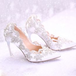 Sparkle Wedding Shoes For Bride Prom 9CM High Heels Big Size Pointed Toe Lace Bridal Shoes