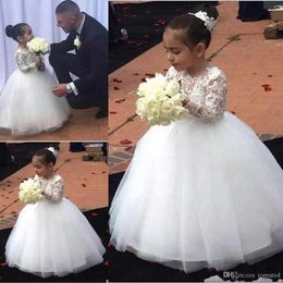 New Cheap Lovely Flower Girl Dresses Ball Gown Jewel Long Sleeve Floor Length Girls Pageant Dresses With Lace Tulle For Wedding