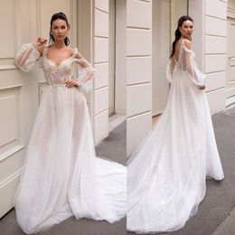 Modest Idaorez Simple A Line Wedding Dresses Spaghetti Long Puff Sleeve Backless Tulle Sequins Lace Wedding Gowns Sweep Train robe de mariée