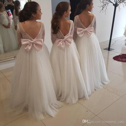 Princess Ivory Tulle Lace Flower Girls Dresses Cute Pink Bow Backless Long Sleeves Children Birthday Party Dresses Floor Length