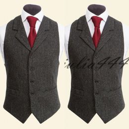 2019 British Style Grey Woollen Groom Vests Slim Fit Notch Lapel Single breasted Sleeveless Men's Suit Vest Vintage Jacket Waistcoat