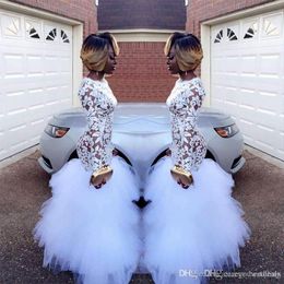 Sexy White Mermaid Prom Dresses Long Sleeves Lace Applique Ruffles Tulle Sweep Train Ruffles Formal Dresses Evening Gowns Formal Dresses